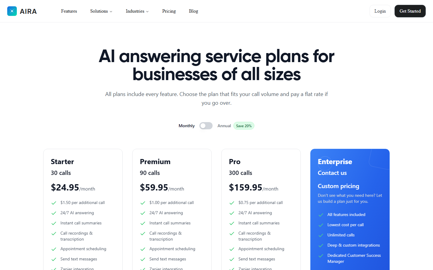 Aira official pricing page screenshot