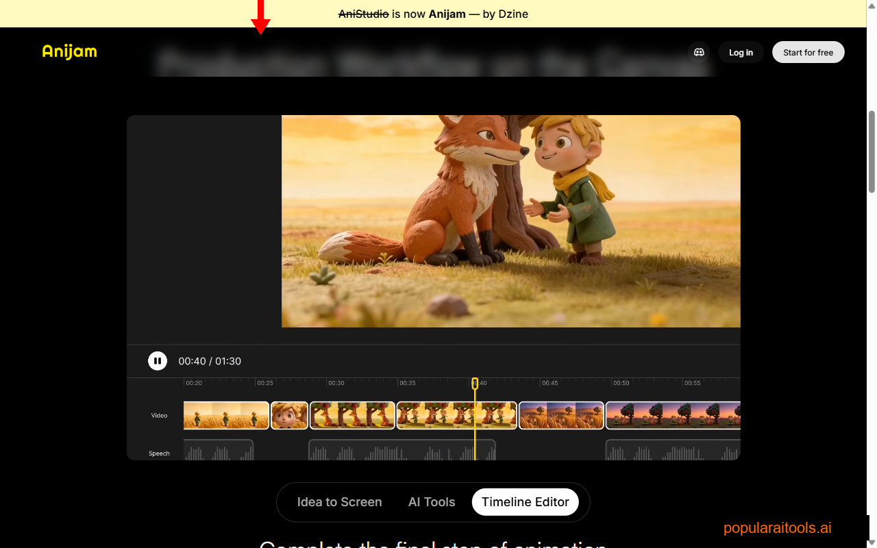 Anijam Production Workflow on the Canvas — timeline editor showing scenes