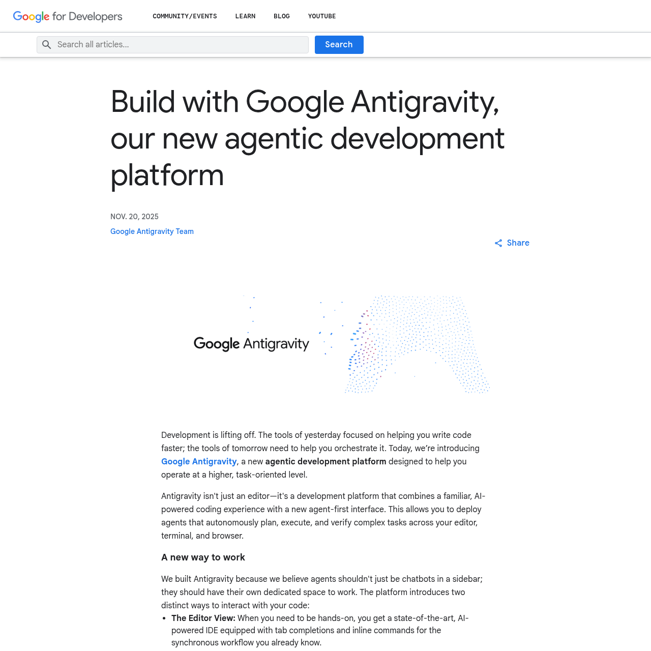 Google Developers Blog announcement introducing Google Antigravity as an agentic development platform