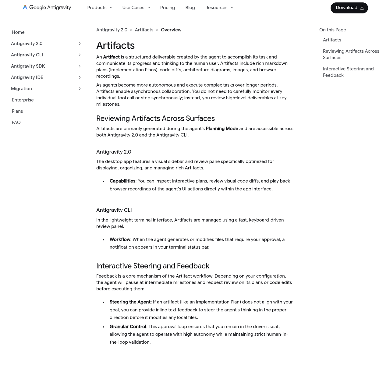 Google Antigravity Artifacts documentation showing task lists, plans, and browser recordings