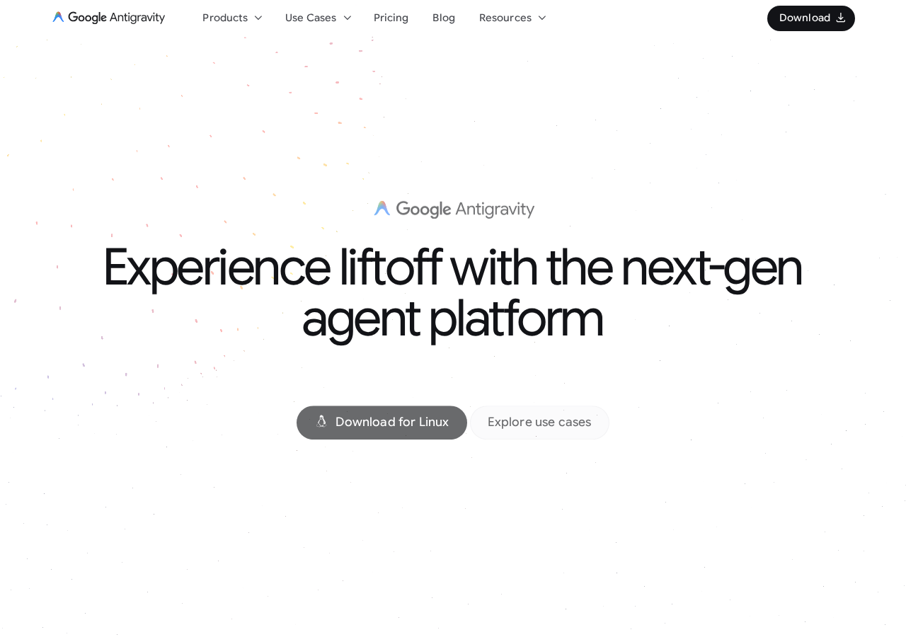 Google Antigravity homepage showing the next-gen agent platform with a download button