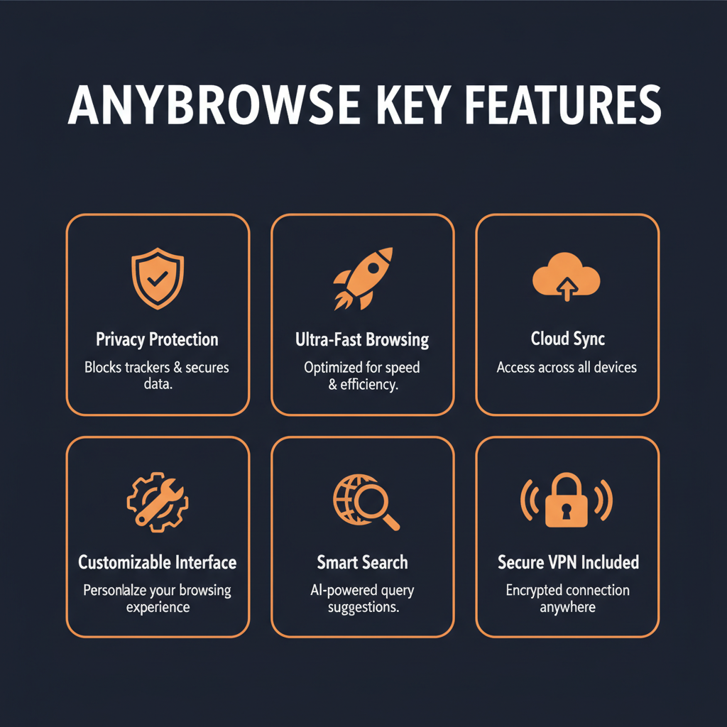 AnyBrowse key features infographic showing main capabilities