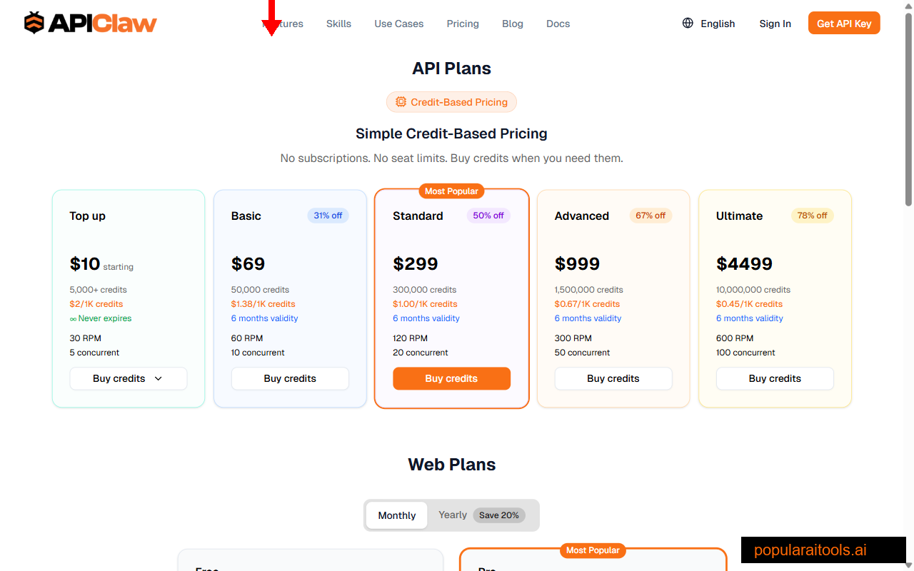 APIClaw pricing page — credit-based plans
