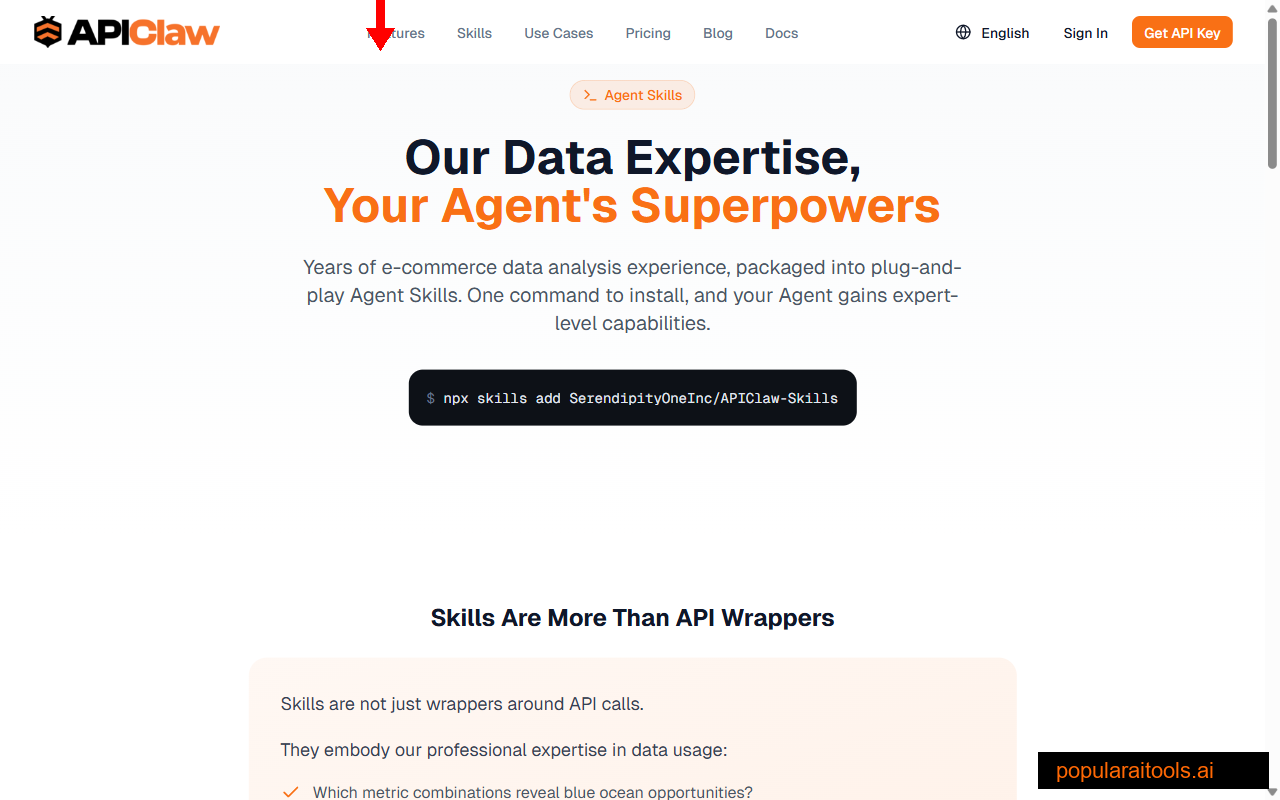 APIClaw Skills page — pre-built agent skills
