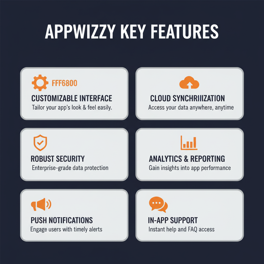AppWizzy key features infographic showing main capabilities