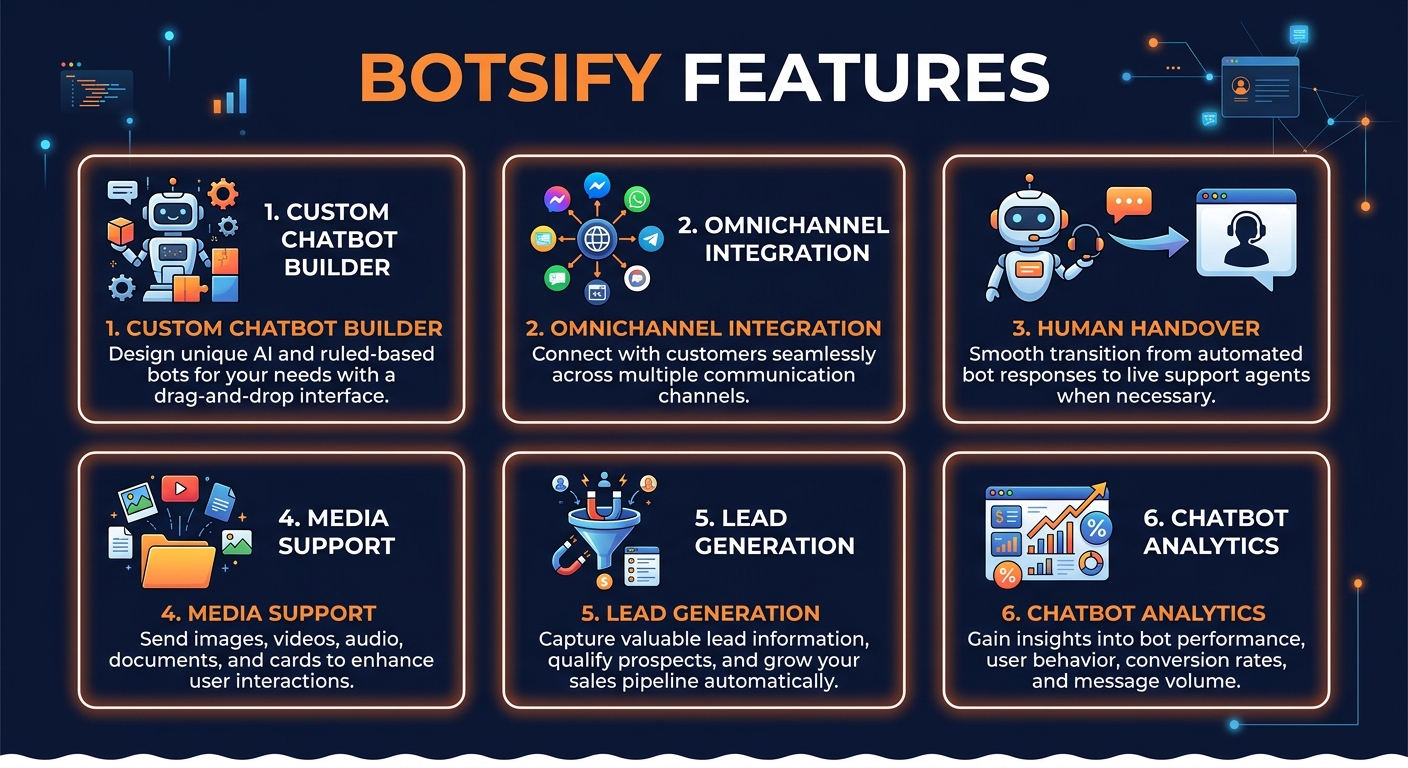 Botsify key features infographic showing main capabilities