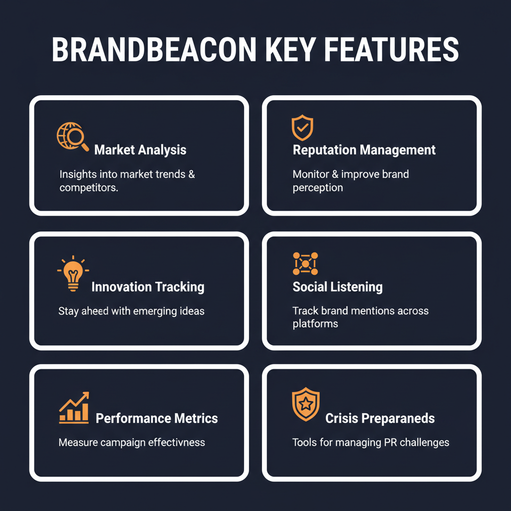 BrandBeacon key features infographic showing main capabilities