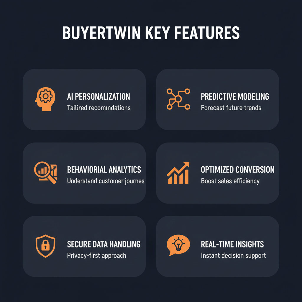 BuyerTwin key features infographic showing main capabilities