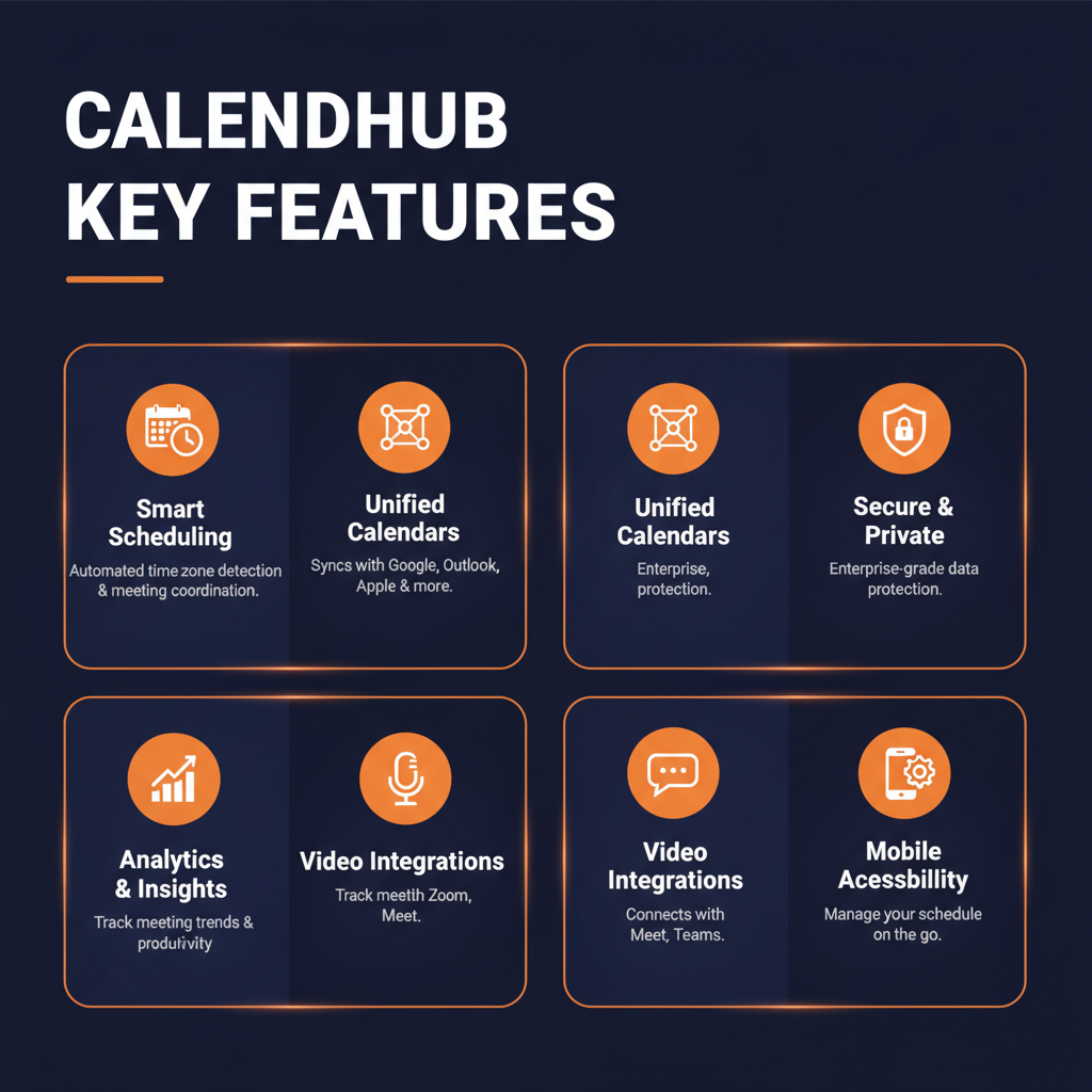 CalendHub key features infographic showing main capabilities