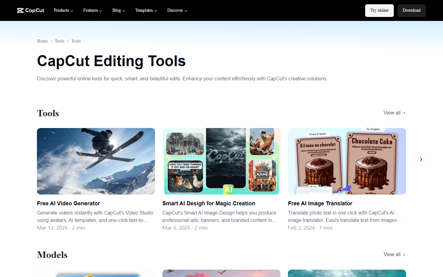 CapCut tools page showing available AI video editing capabilities including auto captions, background remover, and video effects
