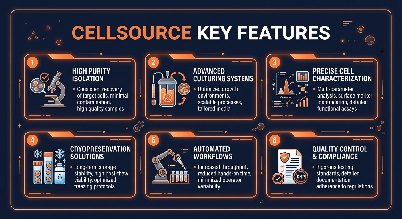 CellSource key features infographic showing main capabilities