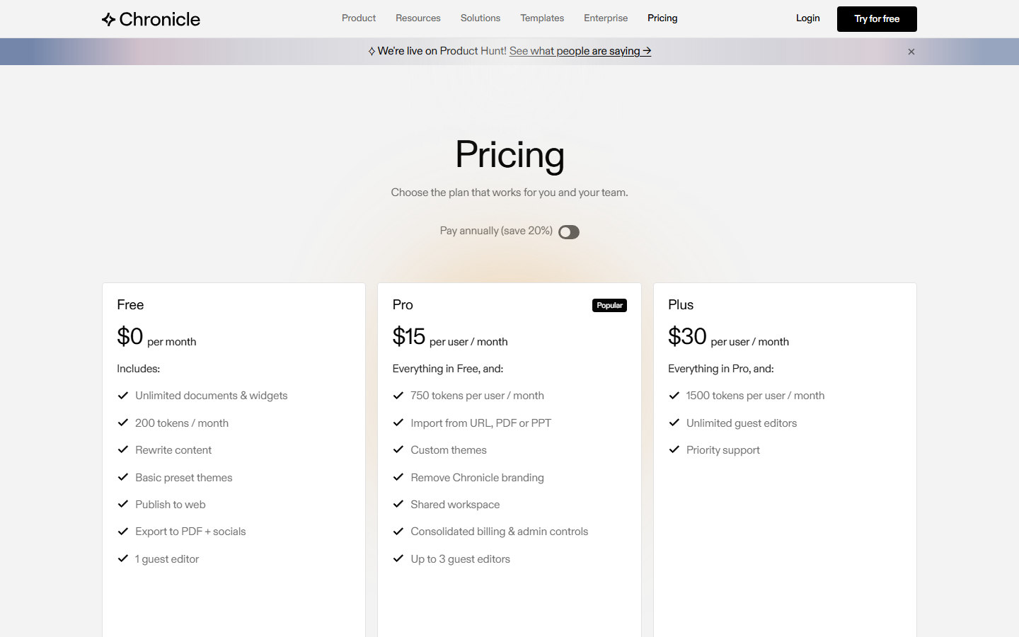 Chronicle official pricing page