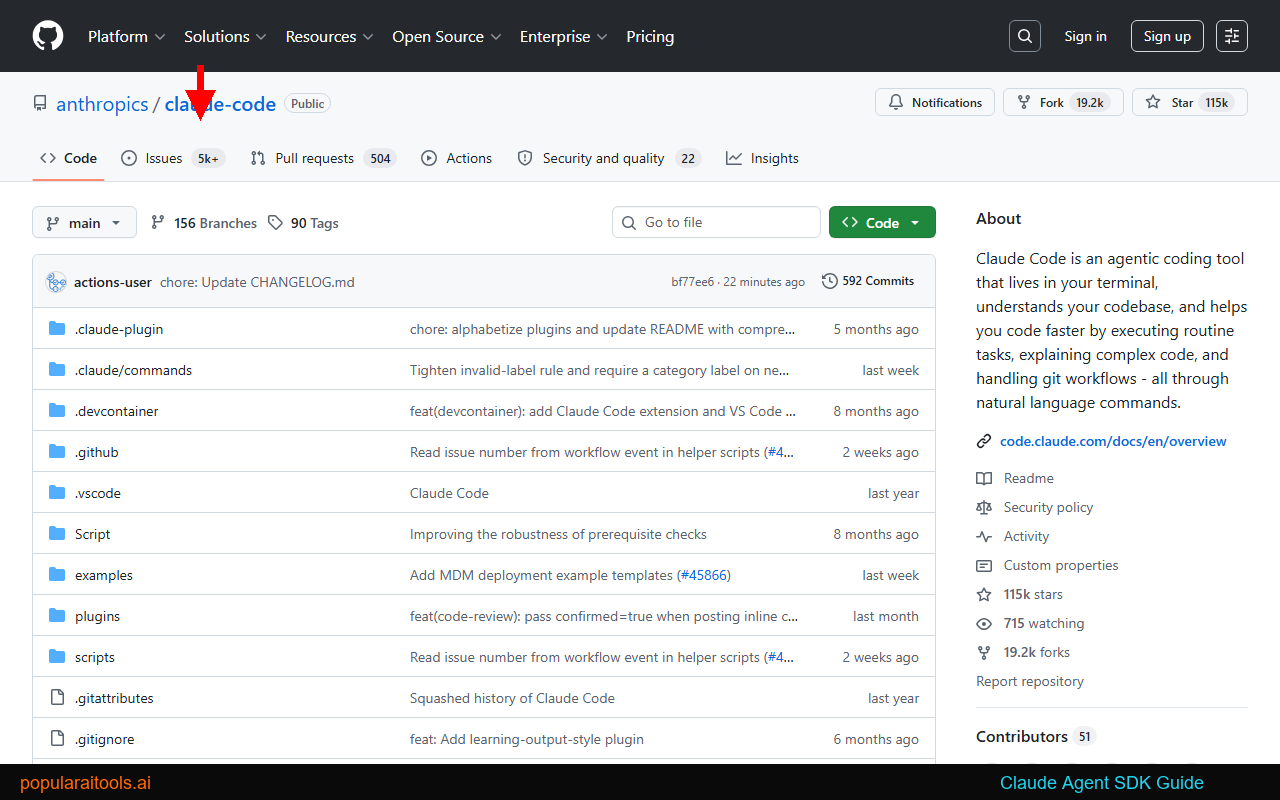 Claude Code GitHub repository showing the open-source SDK codebase