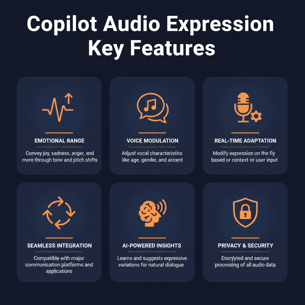 Copilot Audio Expression key features infographic showing main capabilities