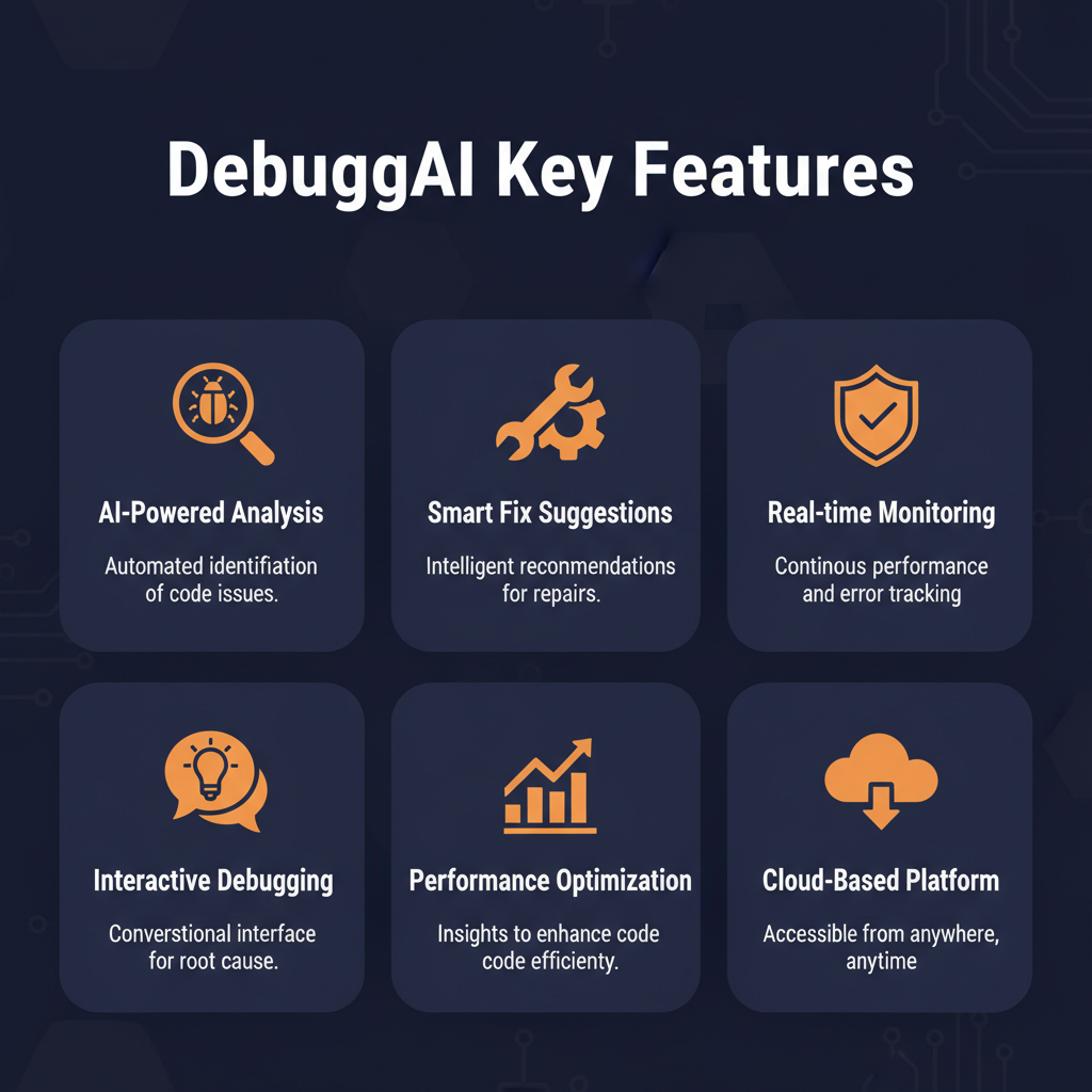 DebuggAI key features infographic showing main capabilities