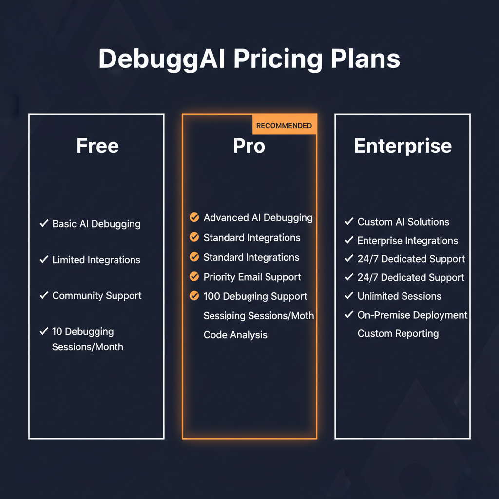 DebuggAI pricing comparison showing plan tiers and features