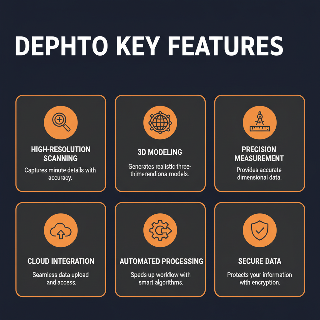 Deptho key features infographic showing main capabilities