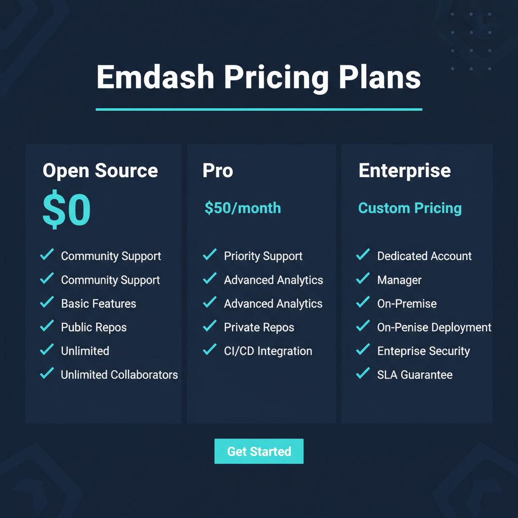Emdash pricing plans comparison table showing Open Source tier