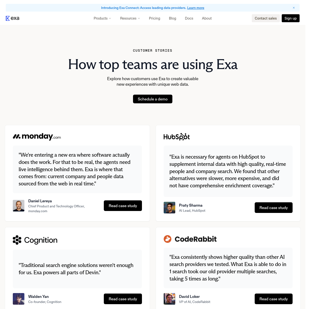 Exa customers page showing companies like Cursor, Databricks and AWS using Exa