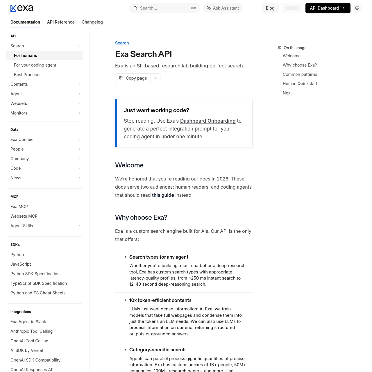 Exa documentation homepage with API guides and examples