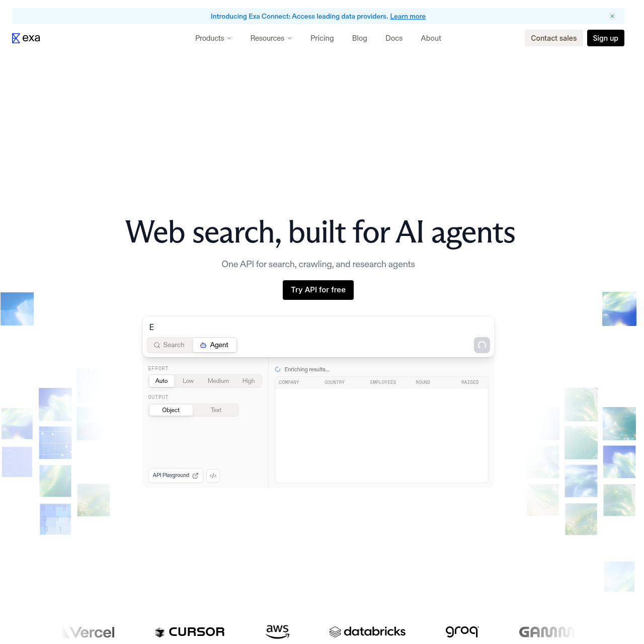 Exa homepage showing web search built for AI agents with an API playground demo