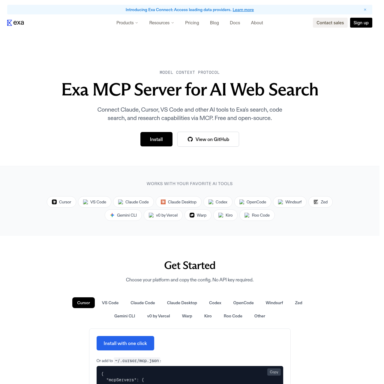 Exa MCP server page showing Model Context Protocol integration for Claude