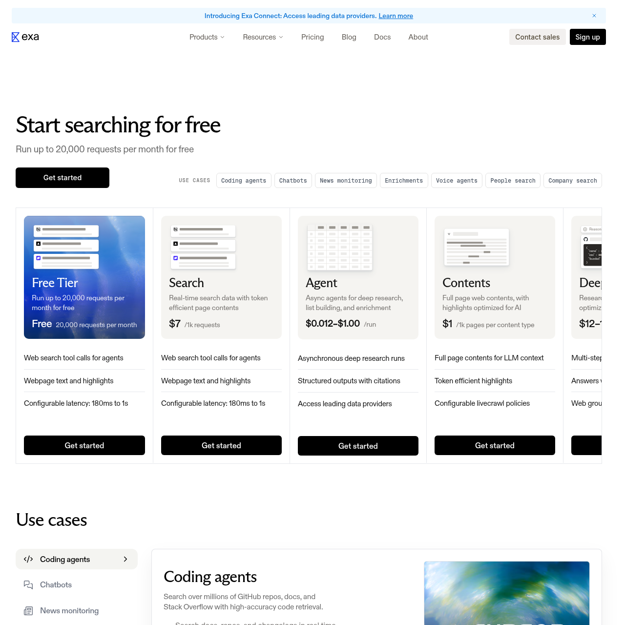 Exa pricing page showing free tier and usage-based rates per endpoint