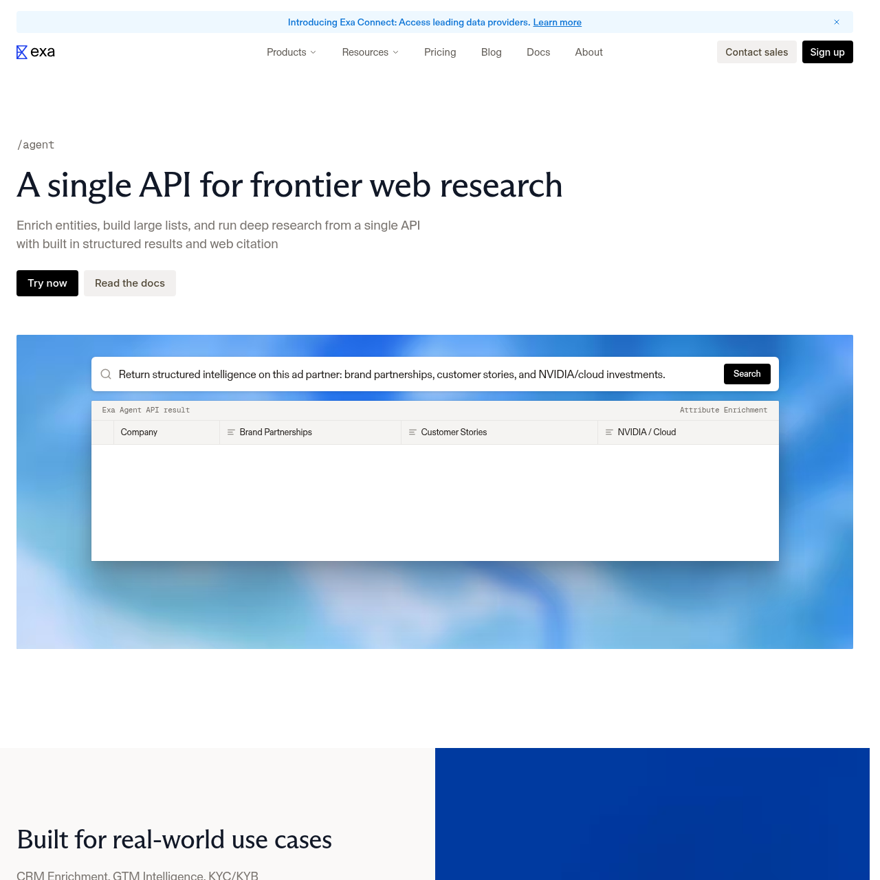Exa Agent product page showing autonomous research capabilities