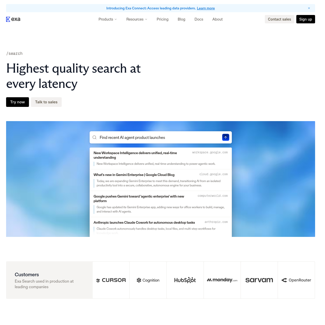 Exa Search product page showing neural web search API features