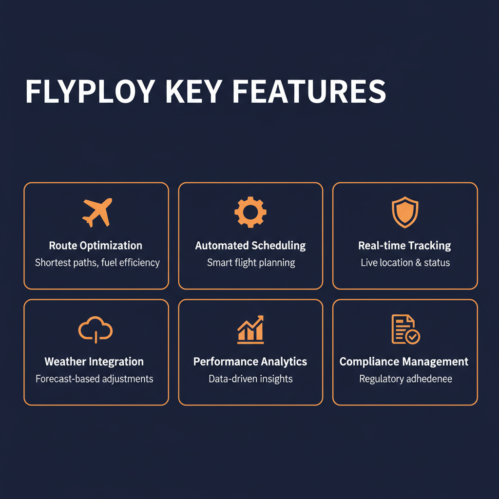FlyPloy key features infographic showing main capabilities
