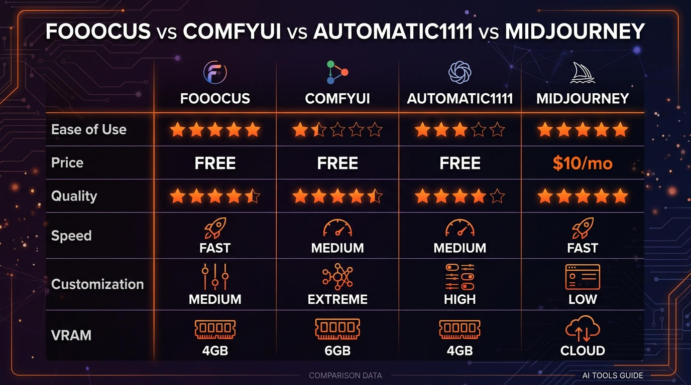 Fooocus vs ComfyUI vs Automatic1111 vs Midjourney comparison table