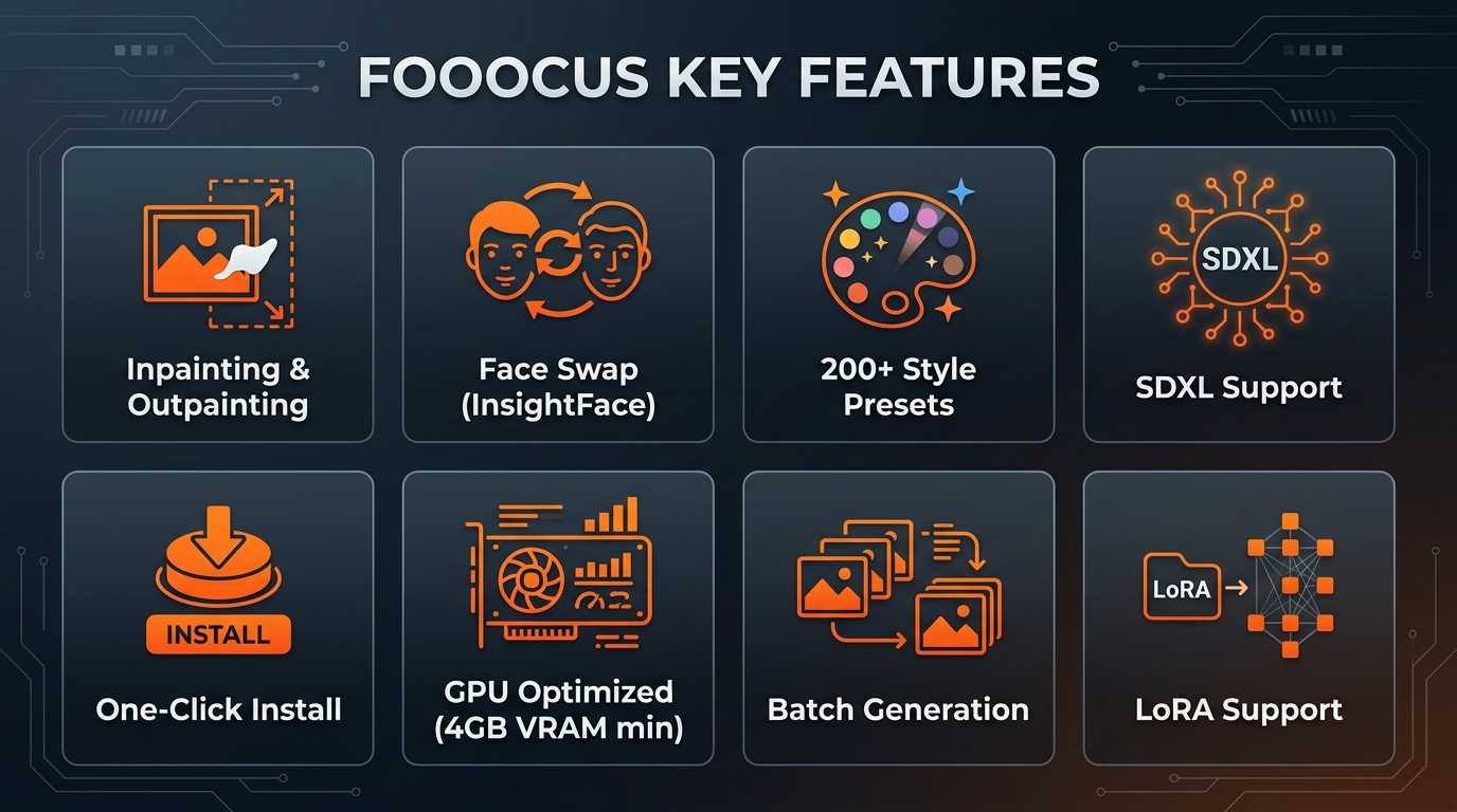 Fooocus key features infographic: inpainting, face swap, style presets, SDXL support, one-click install, GPU optimized, batch generation, LoRA support