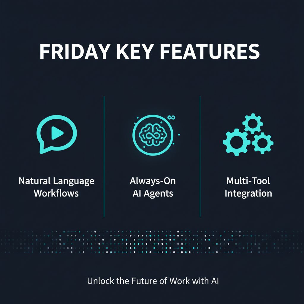 Friday key features infographic showing Natural Language Workflows and Always-On AI Agents