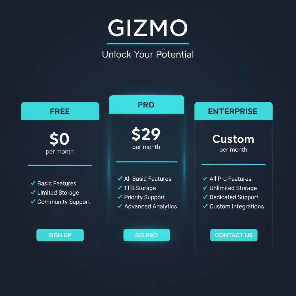 Gizmo pricing plans comparison table showing Free tier