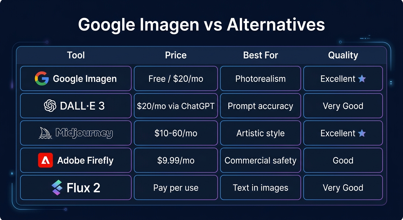 Google Imagen alternatives comparison showing DALL-E 3, Midjourney, Adobe Firefly, and Flux 2 with pricing and strengths