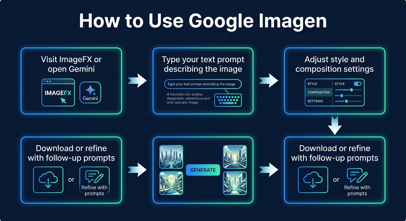 Step-by-step diagram showing how to use Google Imagen through ImageFX or Gemini to generate AI images