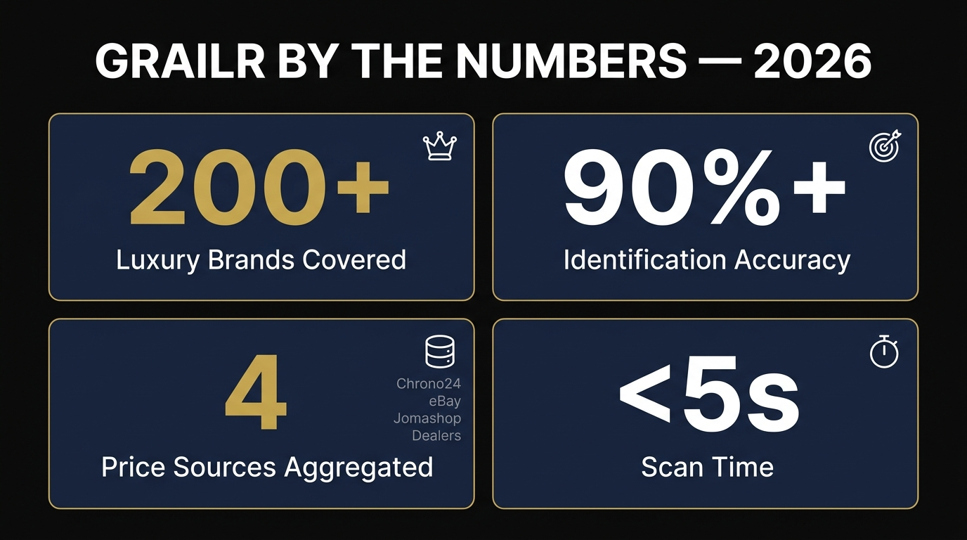 Grailr by the numbers — 200+ brands, 90%+ accuracy, 4 price sources, under 5 second scan time