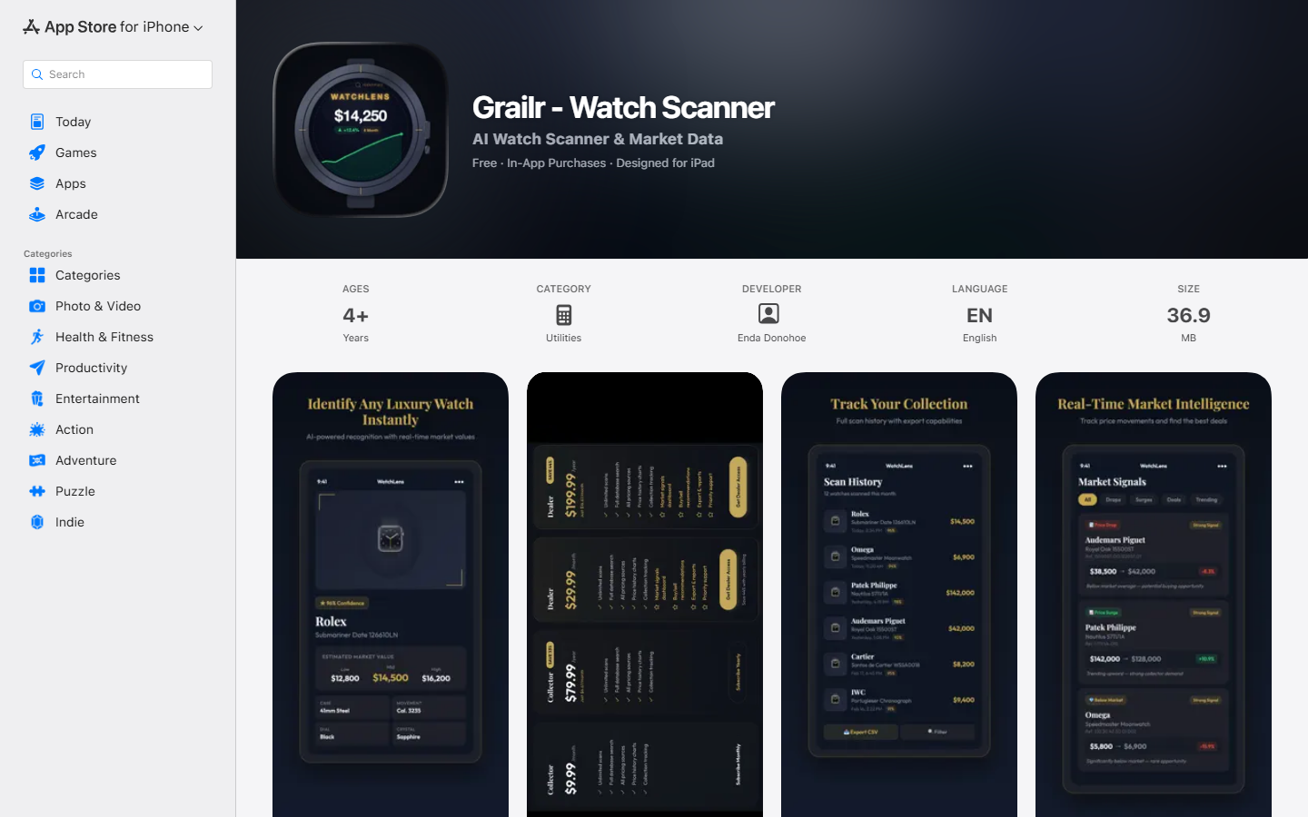 Grailr Watch Scanner on the Apple App Store showing app screenshots and details