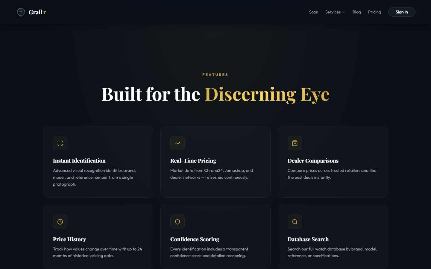 Grailr features section showing 6 feature cards and brand trust marquee