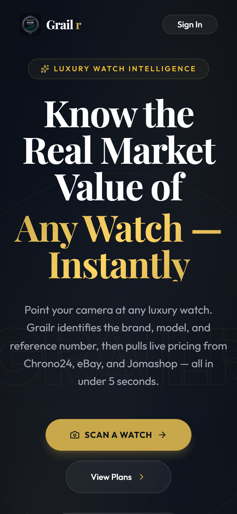 Grailr mobile homepage on iPhone