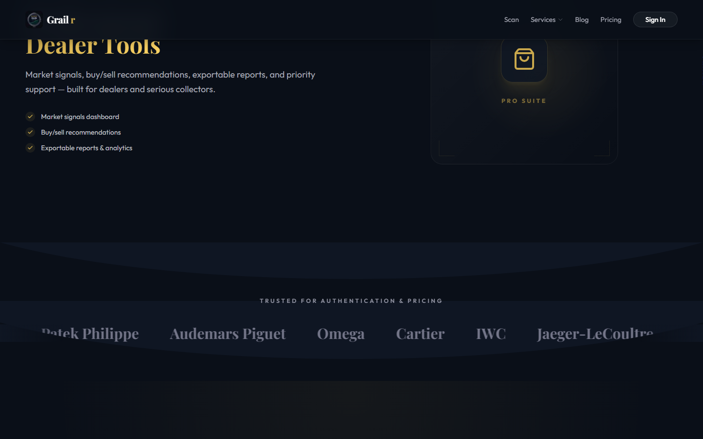 Grailr dealer tools section showing market signals dashboard and brand trust marquee with Rolex, Patek Philippe, Audemars Piguet, Omega, Cartier