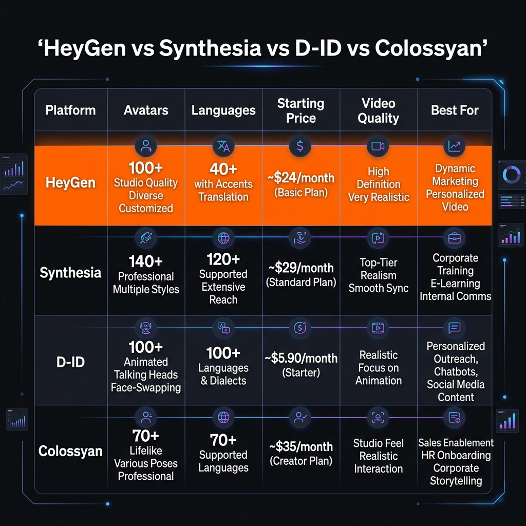 Comparison table of HeyGen vs Synthesia vs D-ID vs Colossyan — avatars, languages, pricing, quality