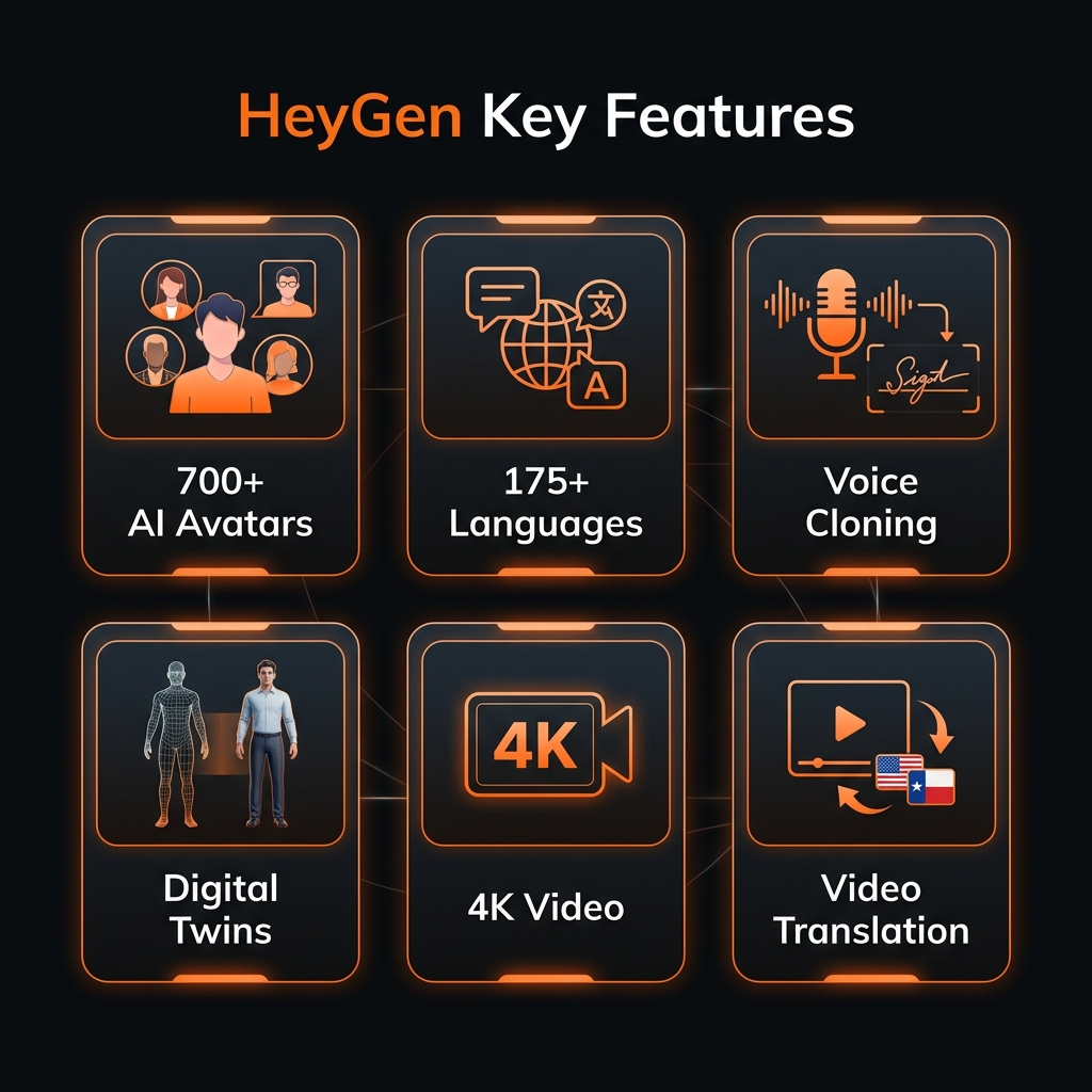 HeyGen key features infographic showing 700+ avatars, 175+ languages, voice cloning, digital twins, 4K video, and video translation