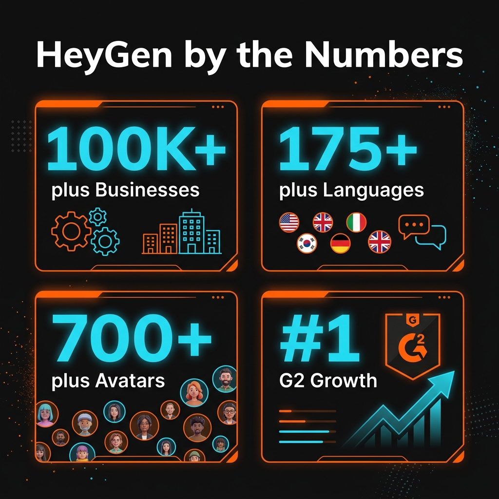 HeyGen by the numbers — 100K+ businesses, 175+ languages, 700+ avatars, #1 G2 Growth