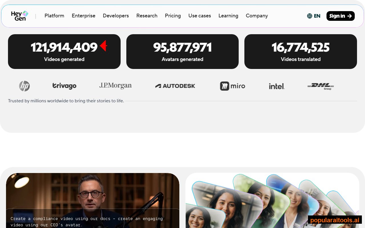 HeyGen homepage features section showing AI avatar capabilities and use cases