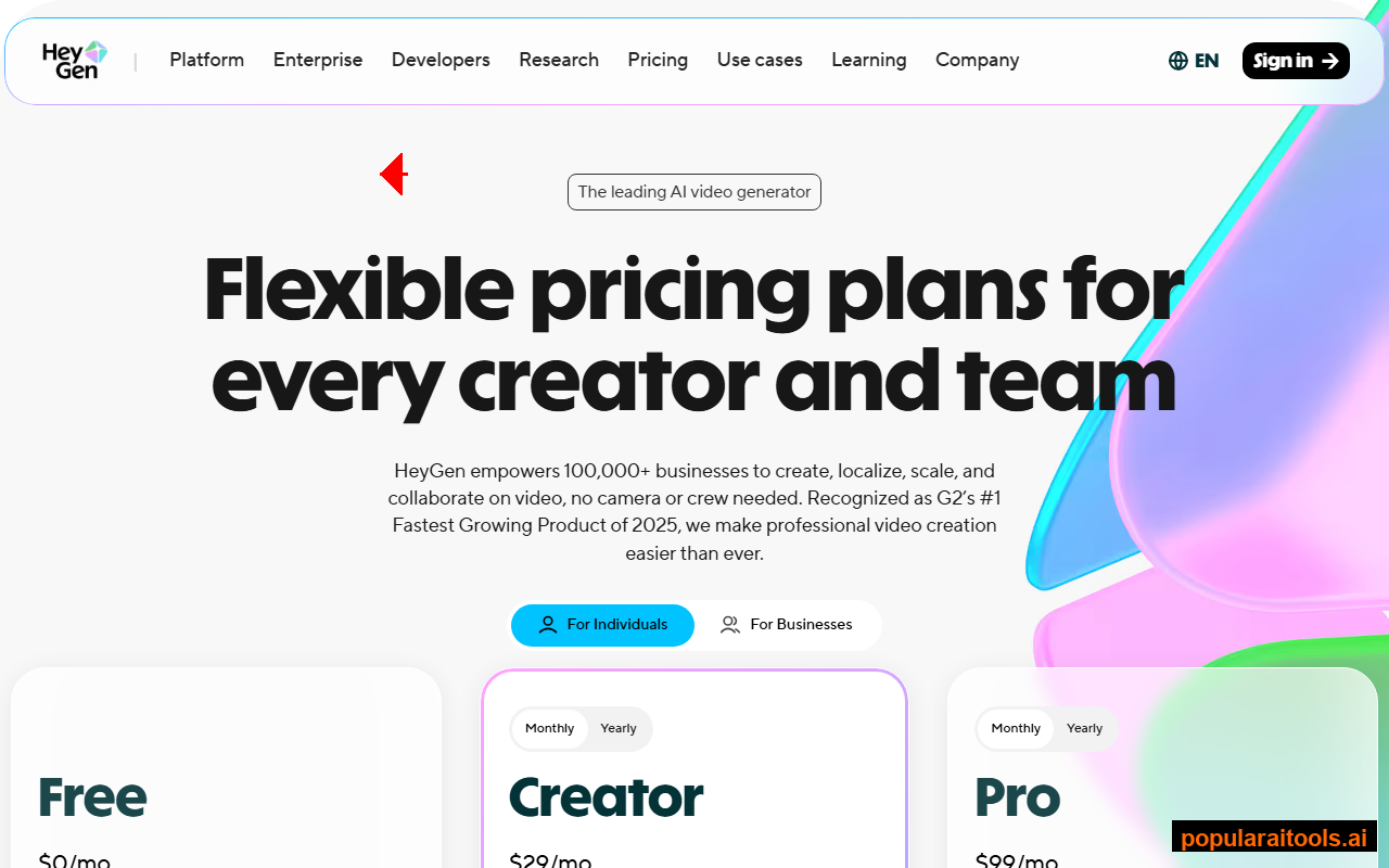 HeyGen pricing page showing Free, Creator, Pro, and Business plans