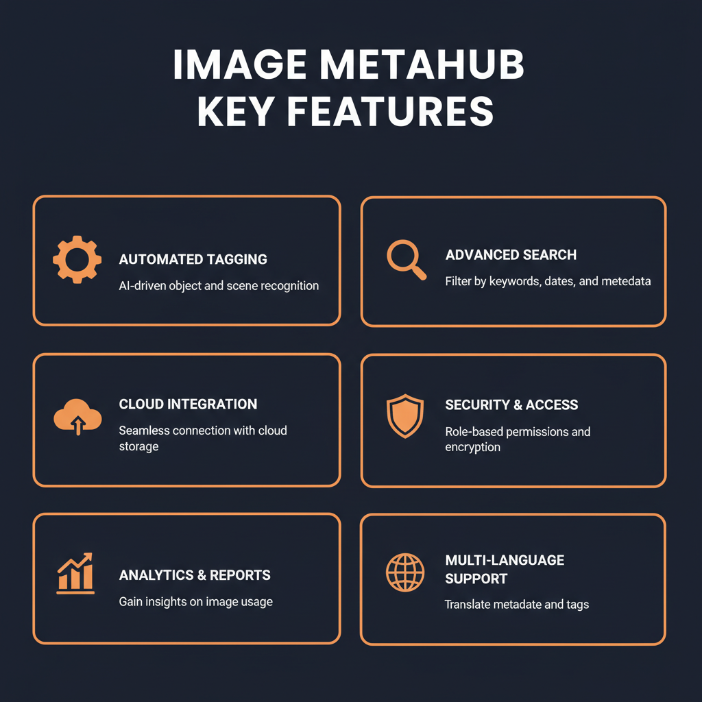 Image MetaHub key features infographic showing main capabilities