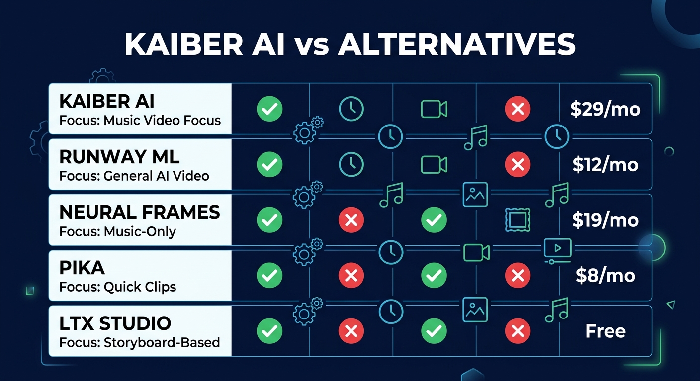 Kaiber AI alternatives comparison showing Runway ML, Neural Frames, Pika, and LTX Studio with pricing