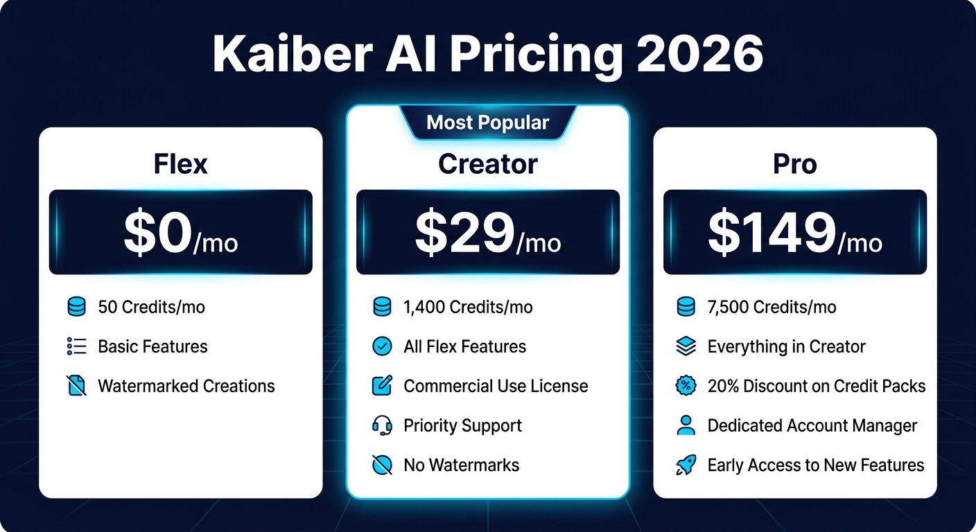 Kaiber AI pricing comparison showing Flex free, Creator at $29 per month, and Pro at $149 per month