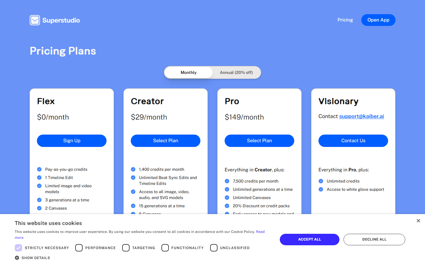 Kaiber AI official pricing page showing Flex, Creator, and Pro subscription tiers